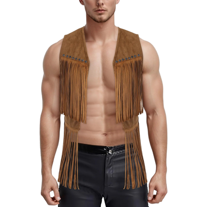Man wearing a brown fringed vest on a light gray background