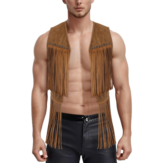 Man wearing a brown fringed vest on a light gray background