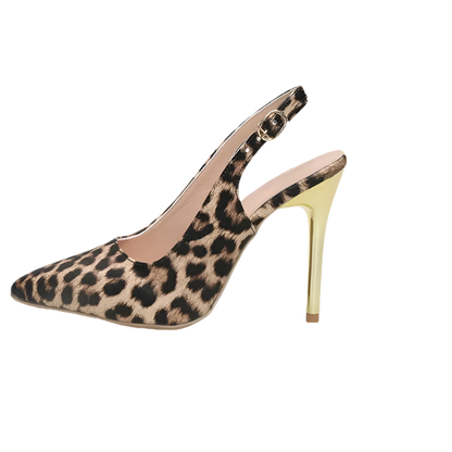 Leopard print high heel shoe with a 11cm heel measurement on a white background