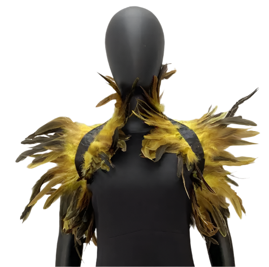  Feather Shoulder Piece: A vibrant feather shoulder piece displayed on a mannequin, with black accents and a striking, textured design.