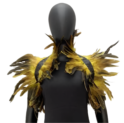  Feather Shoulder Piece: A vibrant feather shoulder piece displayed on a mannequin, with black accents and a striking, textured design.