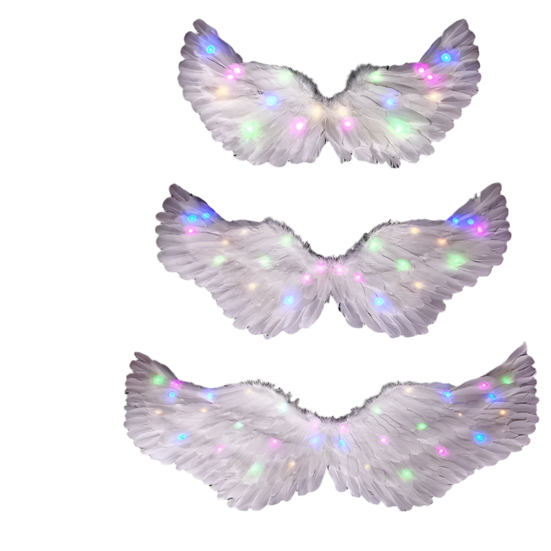 LED Angel Wings: White feathered wings adorned with LED lights in various colors, creating a magical and ethereal appearance.

