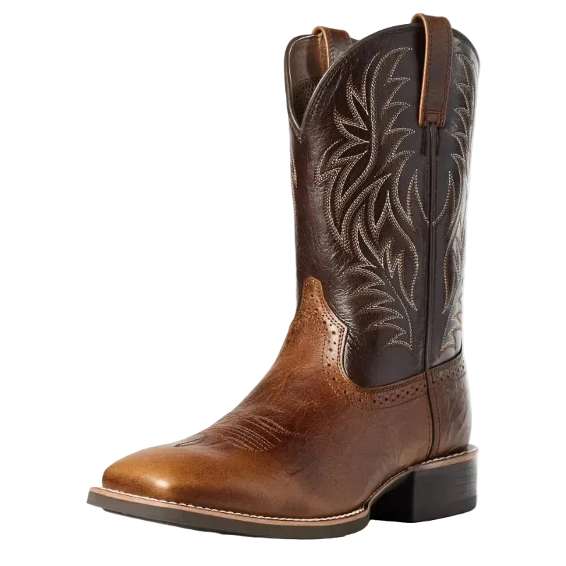 Brown cowboy boot with intricate stitching on a white background