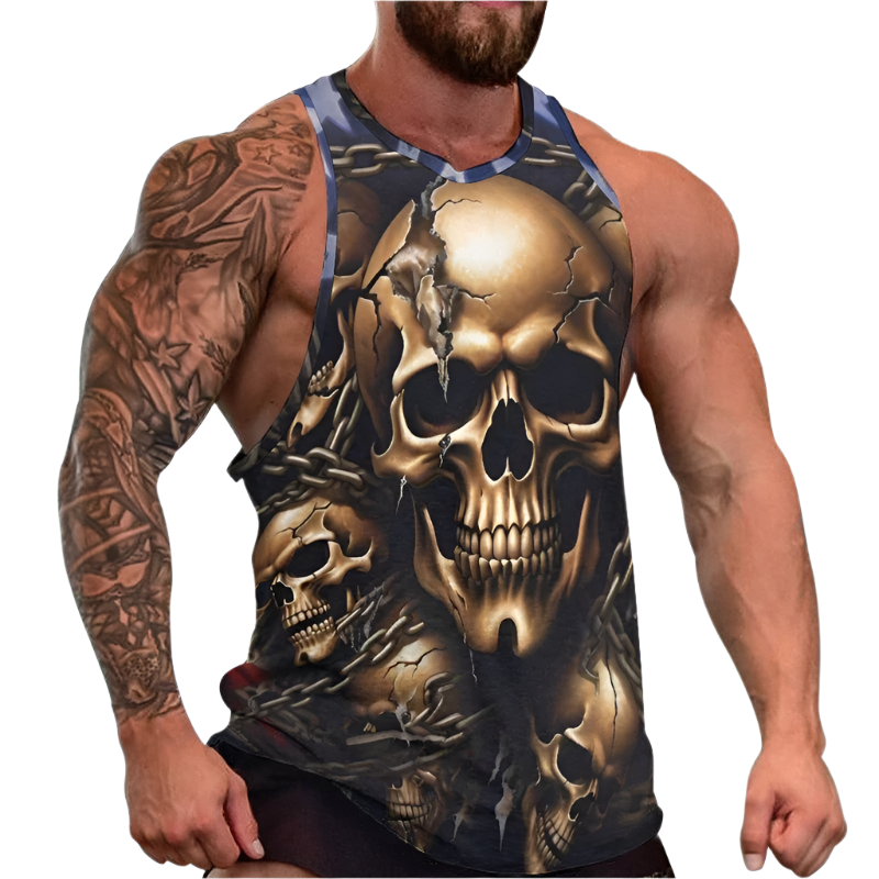 Man wearing a tank top with a skull design on a white background