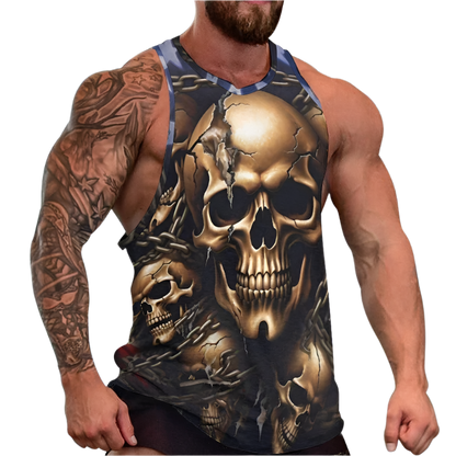 Man wearing a tank top with a skull design on a white background