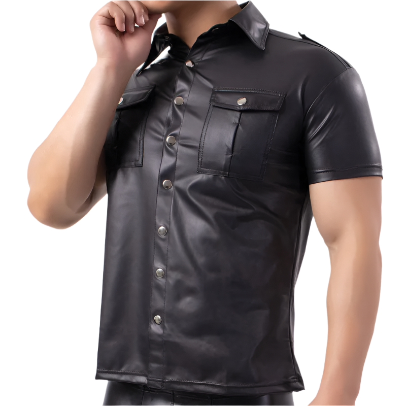 Black leather shirt worn by a person on a white background