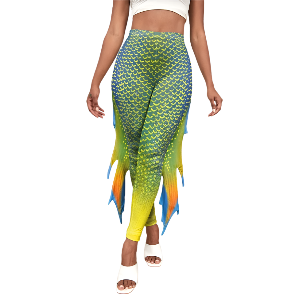 Shimmering fish scale mermaid leggings with octopus print and decorative fins for resort cosplay wear
