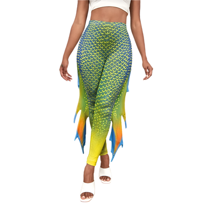 Shimmering fish scale mermaid leggings with octopus print and decorative fins for resort cosplay wear