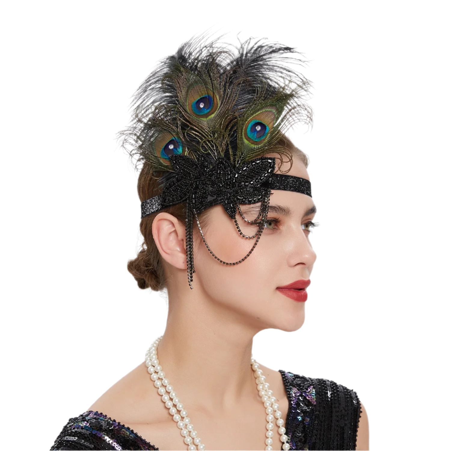 Luxurious peacock feather headband with rhinestones and tassels for exotic Gatsby resort theme nights

