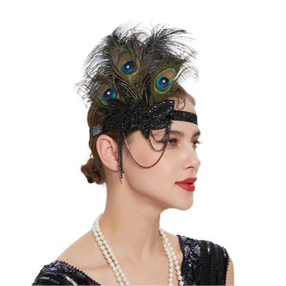 Luxurious peacock feather headband with rhinestones and tassels for exotic Gatsby resort theme nights

