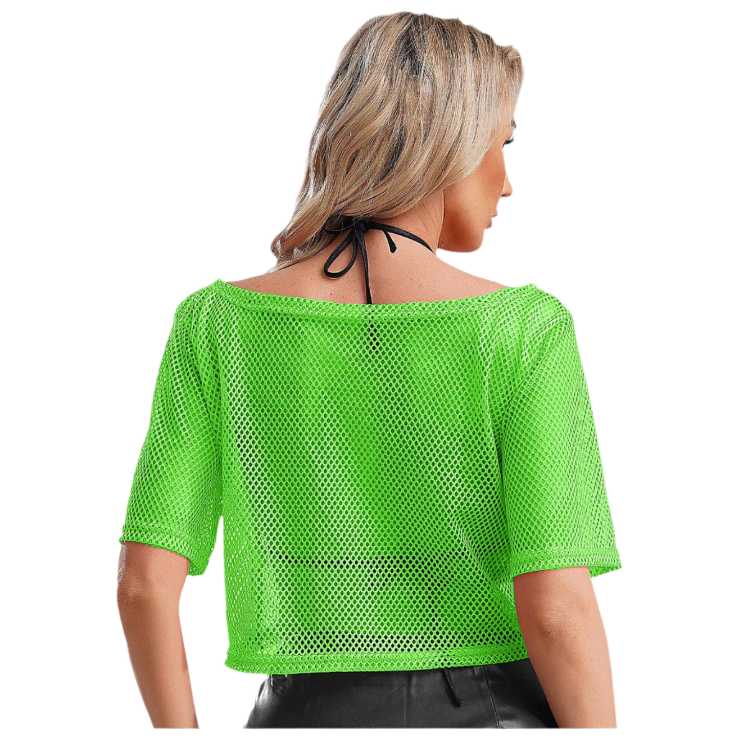 Woman wearing a bright green mesh top on a white background