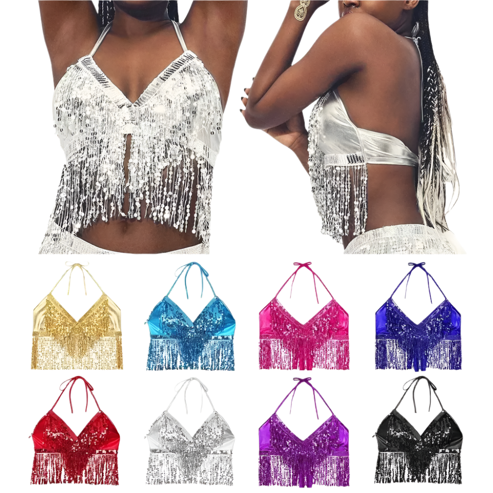 sequin tassel belly dance halter bra for international cultural performance wear