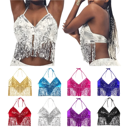 sequin tassel belly dance halter bra for international cultural performance wear