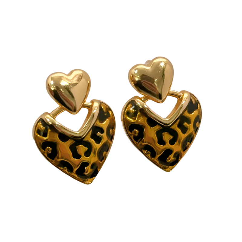 sterling silver leopard print heart stud earrings featuring geometric design and premium finish for elegant resort wear