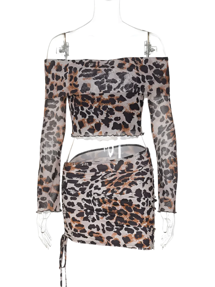 Leopard Print Off-Shoulder Set | Long Sleeve Crop Top & Mini Skirt