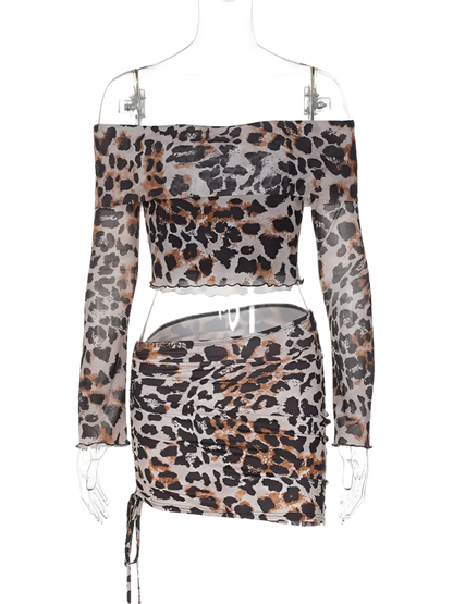 Leopard Print Off-Shoulder Set | Long Sleeve Crop Top & Mini Skirt