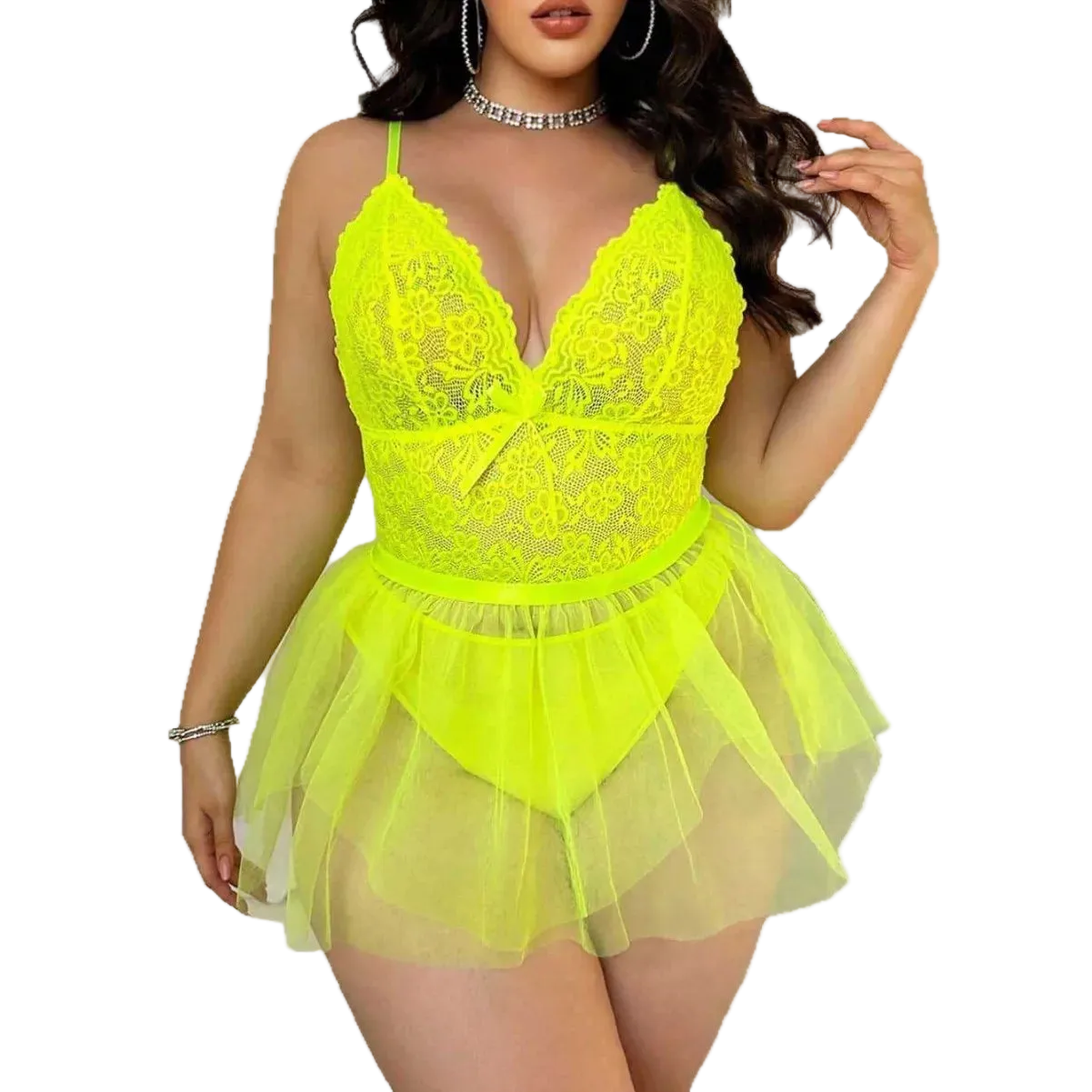 Neon yellow lace babydoll dress on a white background