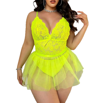 Neon yellow lace babydoll dress on a white background