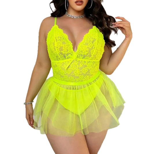 Neon yellow lace babydoll dress on a white background