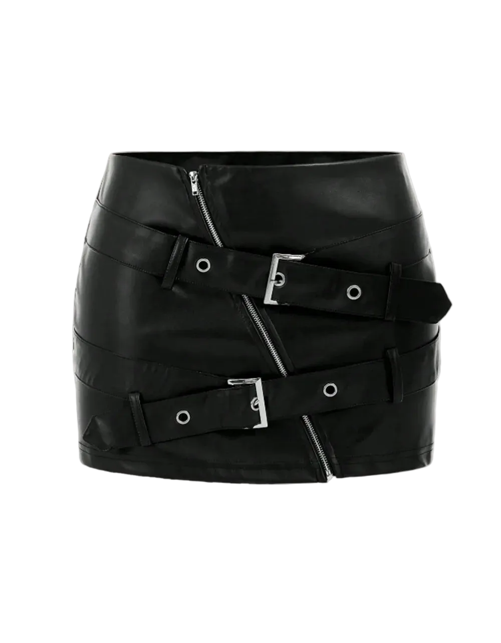 A black faux-leather wrap mini skirt with multiple horizontal straps, silver-tone buckle details, and a front zipper, shown against a plain off-white background.