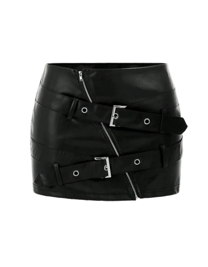 A black faux-leather wrap mini skirt with multiple horizontal straps, silver-tone buckle details, and a front zipper, shown against a plain off-white background.
