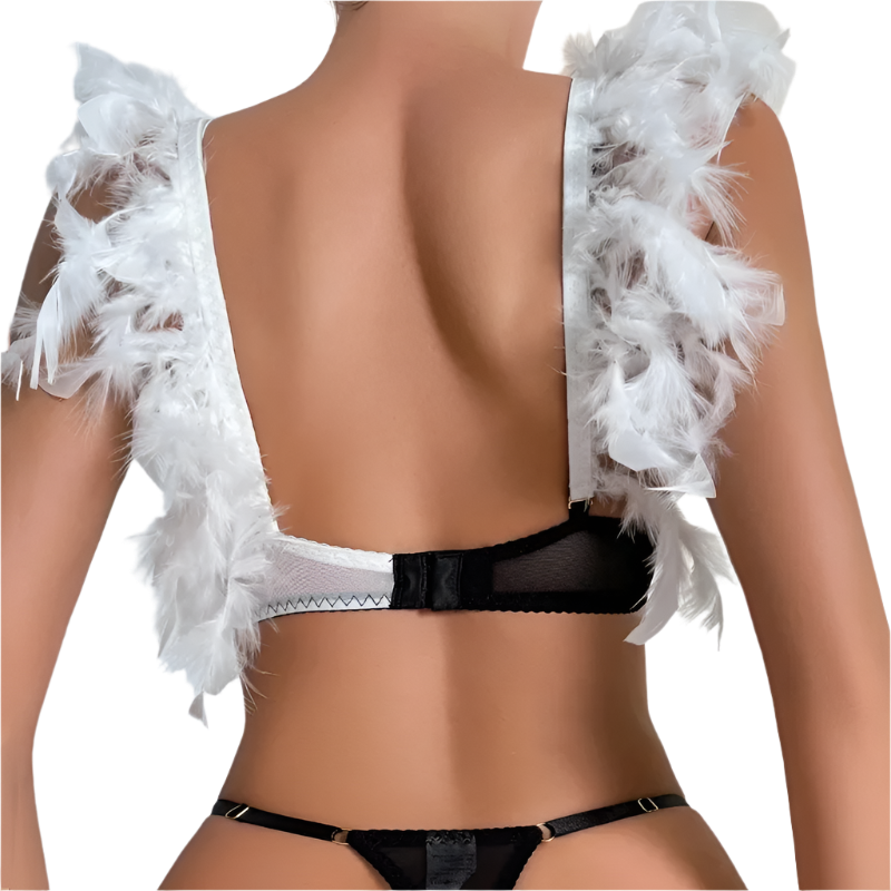 Cruella-inspired half cup set with feather accents and chain details for resort theme nights

