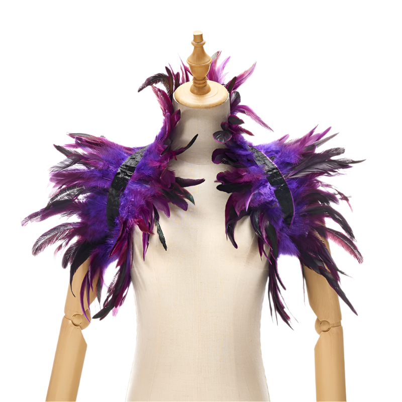  Feather Shoulder Piece: A vibrant feather shoulder piece displayed on a mannequin, with black accents and a striking, textured design.