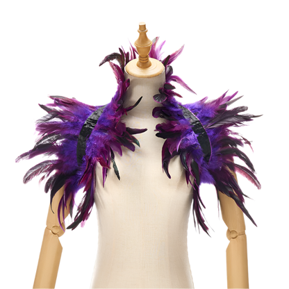  Feather Shoulder Piece: A vibrant feather shoulder piece displayed on a mannequin, with black accents and a striking, textured design.