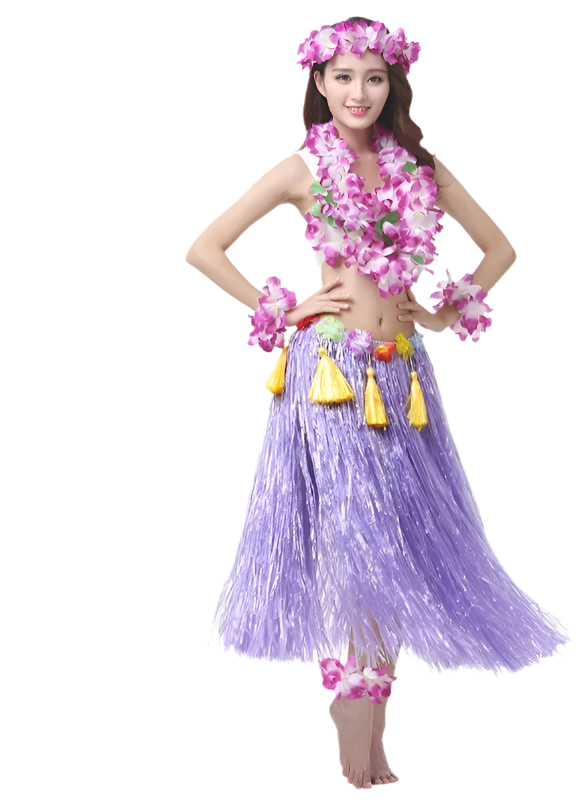 colorful hula outfits. Each ensemble includes a vibrant floral top, matching lei, and a grass skirt in pink, yellow, red, and blue, with floral headpieces and bracelets.