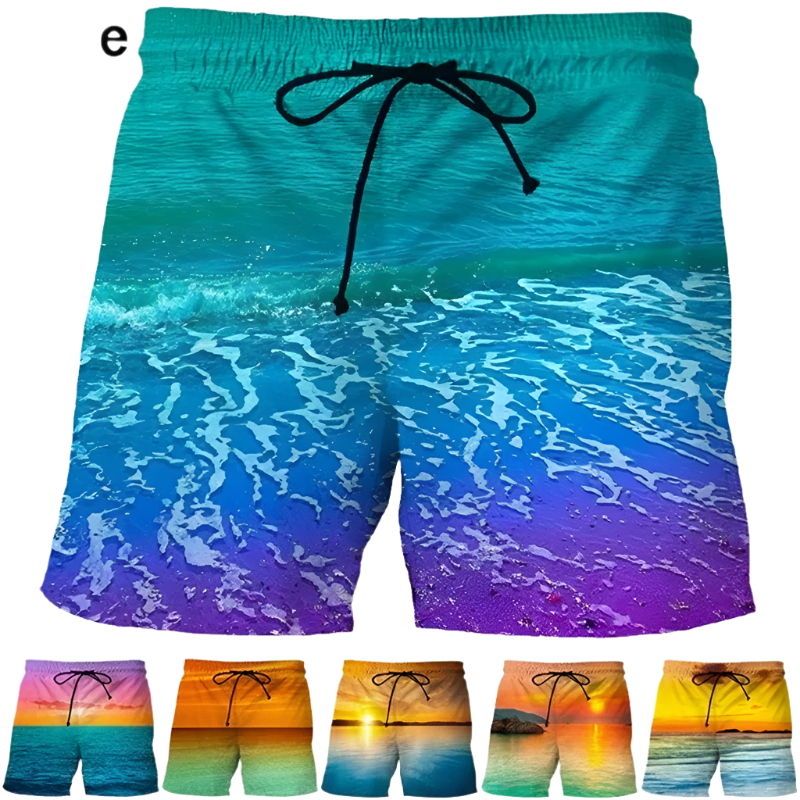 Summer Sunset 3D Printed Beach Shorts featuring vibrant sunset design, perfect for luxury adult resorts