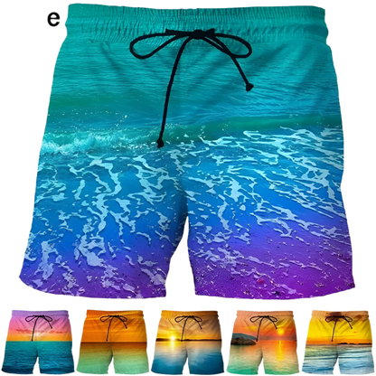 Summer Sunset 3D Printed Beach Shorts featuring vibrant sunset design, perfect for luxury adult resorts