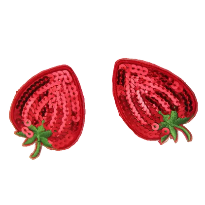 Red sequin strawberry-shaped patches on a white background