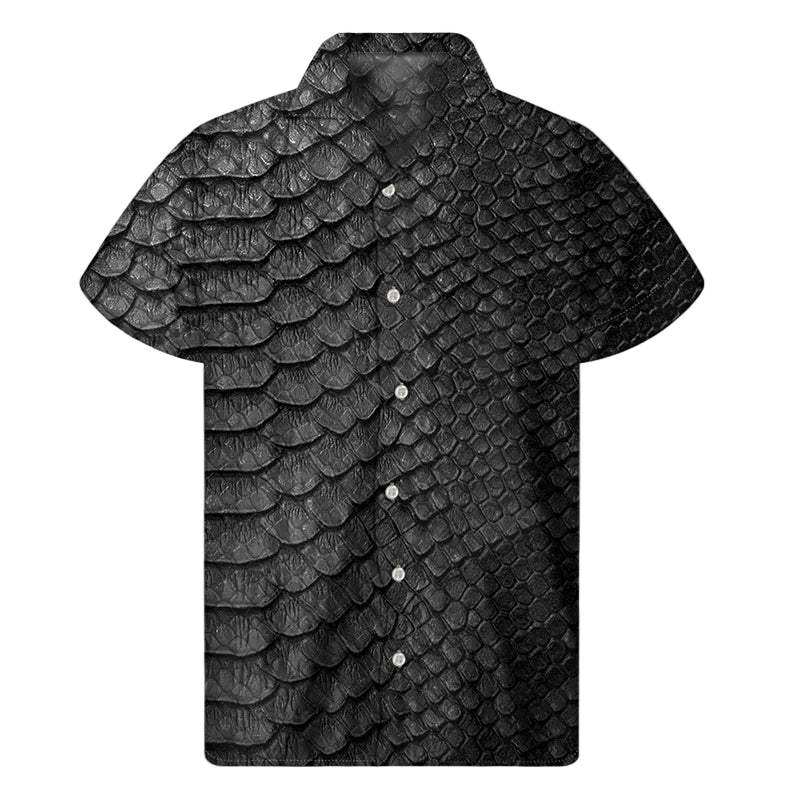 Black short-sleeve shirt with a unique pattern on a white background