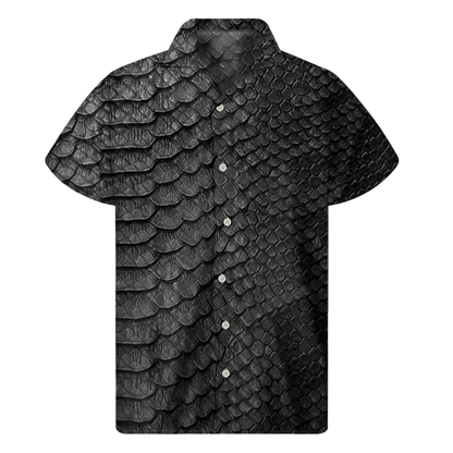 Black short-sleeve shirt with a unique pattern on a white background