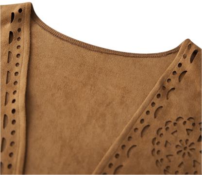 fringe faux suede vest with tassel details for western streetwear and resort fashion