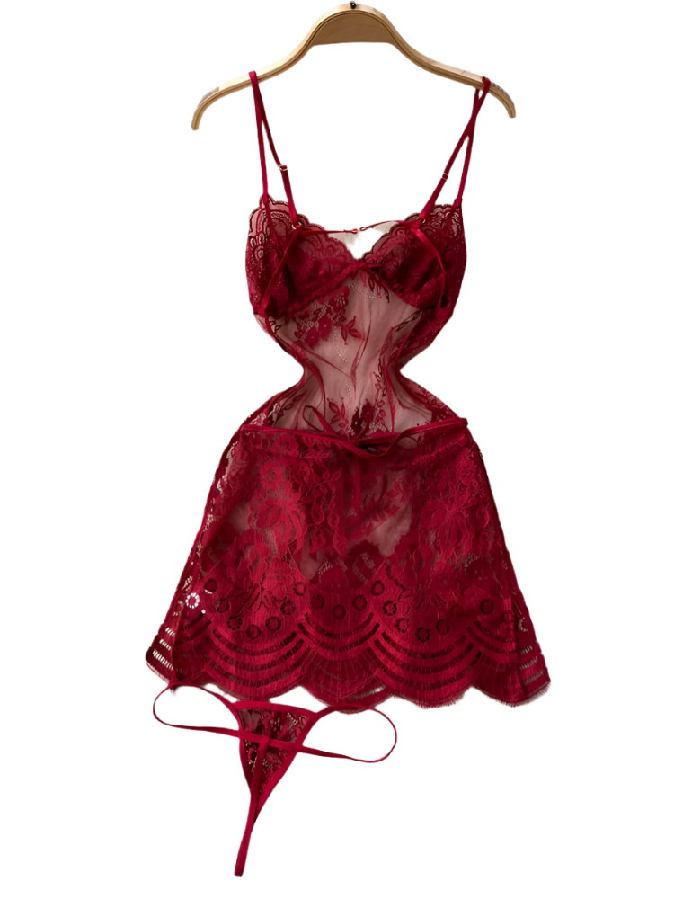 Red lace lingerie set on a hanger against a white fur rug.