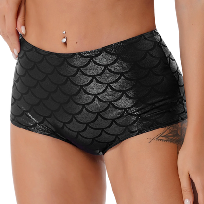 High-waisted mermaid scale booty shorts with fish scale texture for resort dance wear

