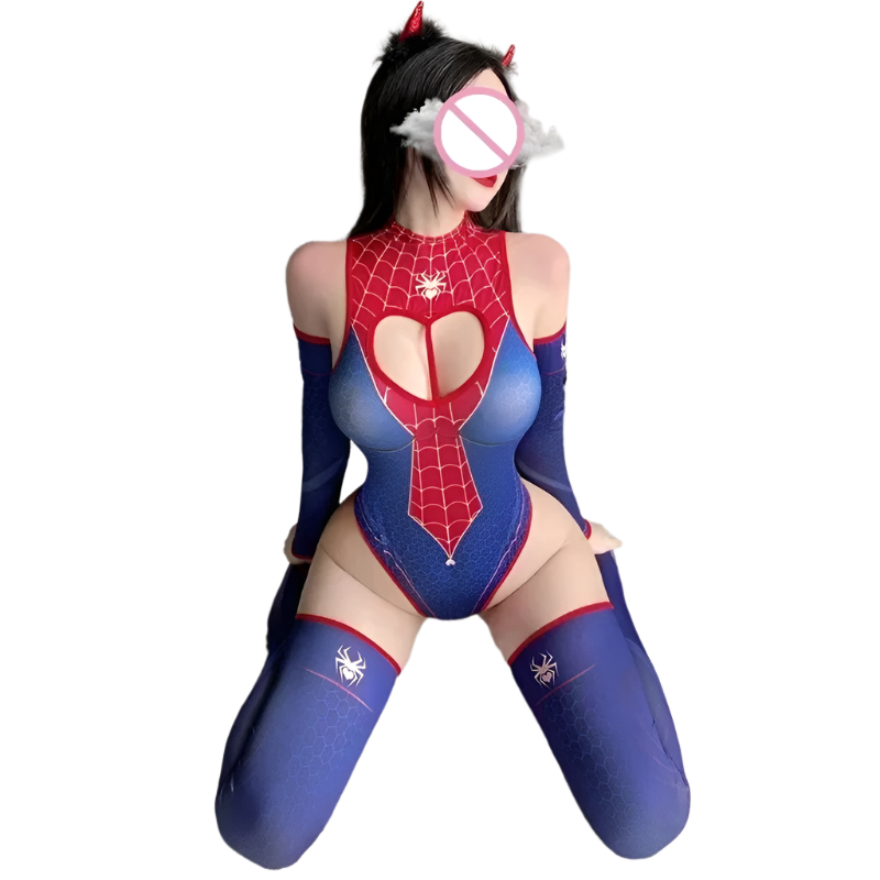 Spider Web Bodysuit Costume Set - Complete with Heart Print Design, Stockings and Gloves