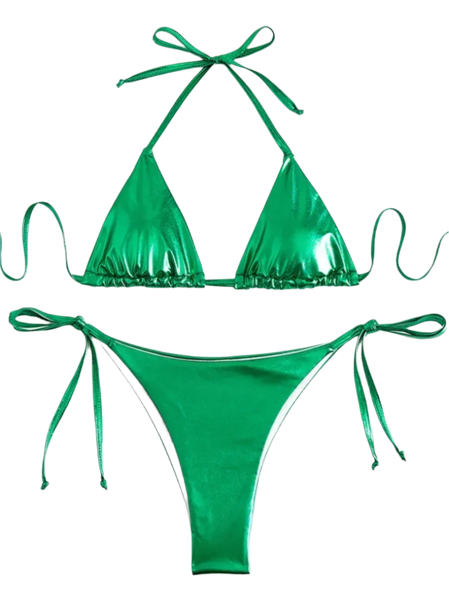 A shiny, iridescent bikini in shades of green. It features a classic triangle top and tie-side bottoms, creating a vibrant and eye-catching beachwear style.