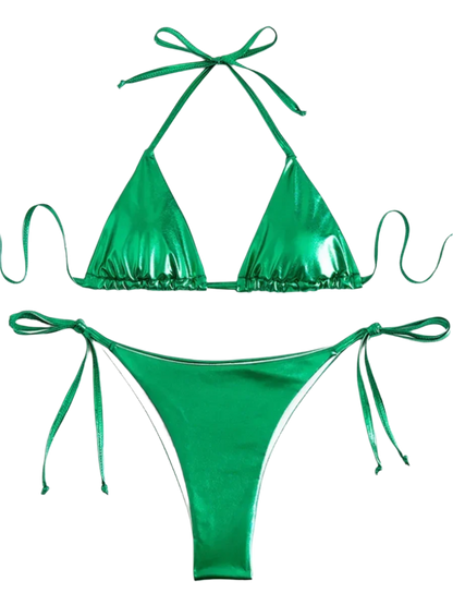 A shiny, iridescent bikini in shades of green. It features a classic triangle top and tie-side bottoms, creating a vibrant and eye-catching beachwear style.