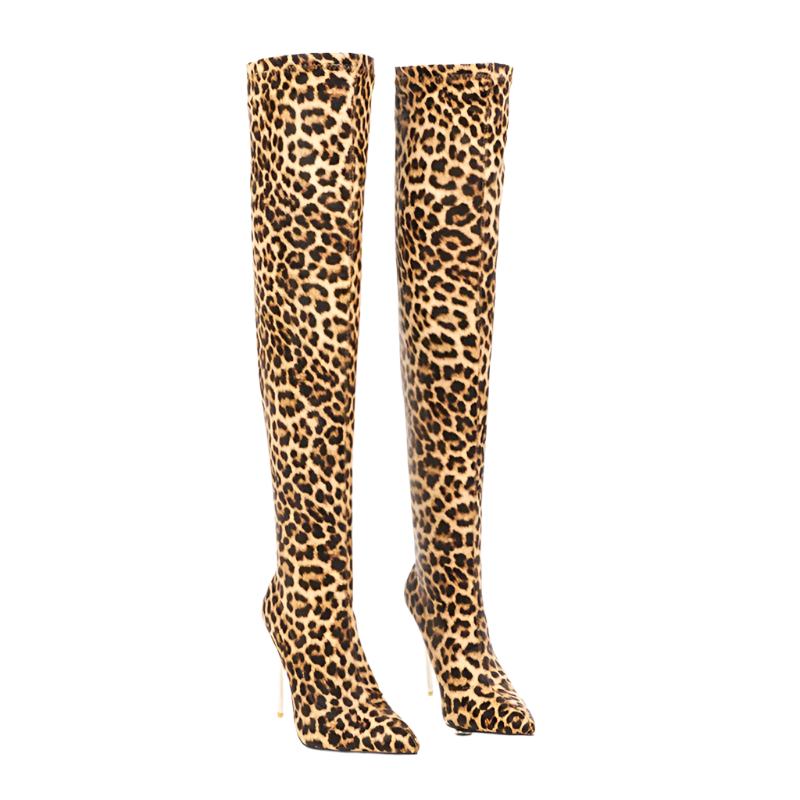 Women's Leopard Print Over-Knee High Heel Boots with Pointed Toe - Resort Party Wear