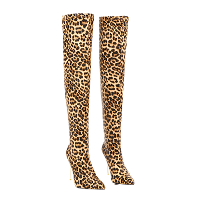 Women's Leopard Print Over-Knee High Heel Boots with Pointed Toe - Resort Party Wear