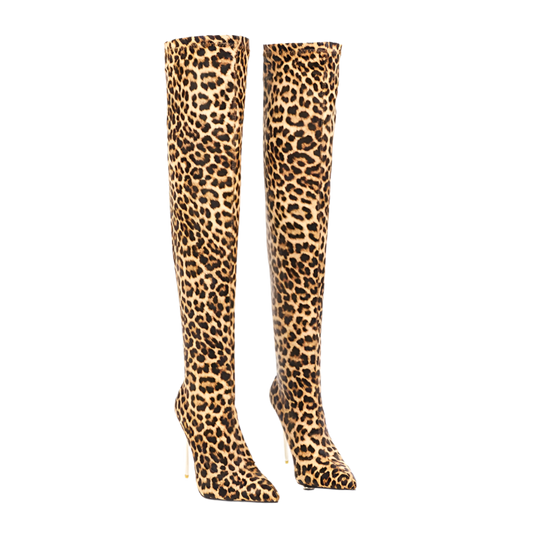 Women's Leopard Print Over-Knee High Heel Boots with Pointed Toe - Resort Party Wear