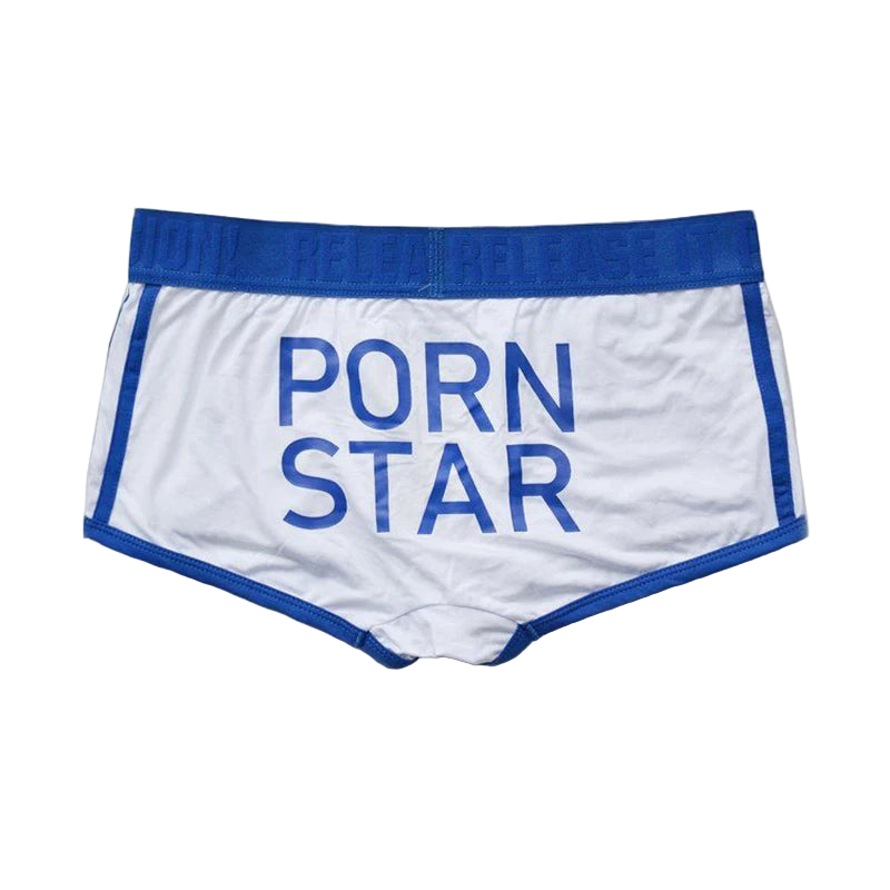 White shorts with blue 'Porn Star' text on a white background