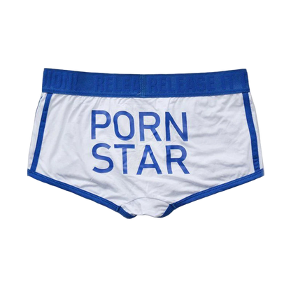 White shorts with blue 'Porn Star' text on a white background