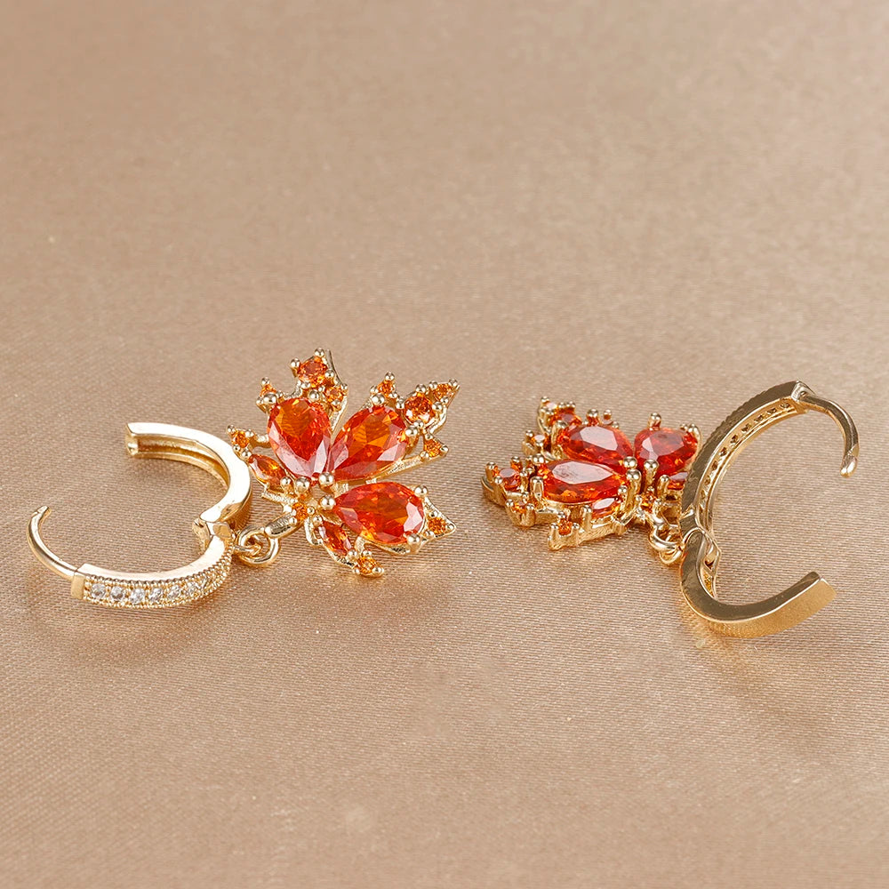2pcs Vintage Crystal Zircon Stainless Steel Maple Leaf Earrings for Women Temperament Hoop Earrings Party Piercing Jewelry Gift