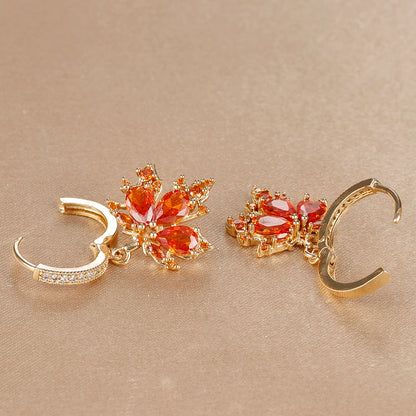 2pcs Vintage Crystal Zircon Stainless Steel Maple Leaf Earrings for Women Temperament Hoop Earrings Party Piercing Jewelry Gift