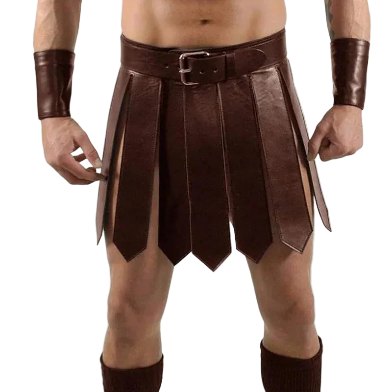 Brown leather kilt with belt and arm bands on a white background