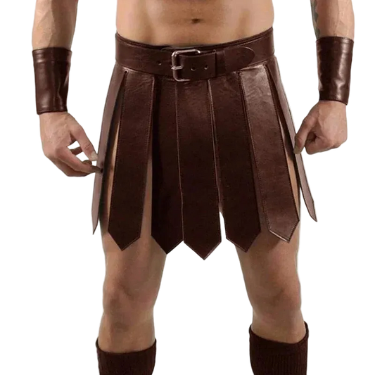 Brown leather kilt with belt and arm bands on a white background