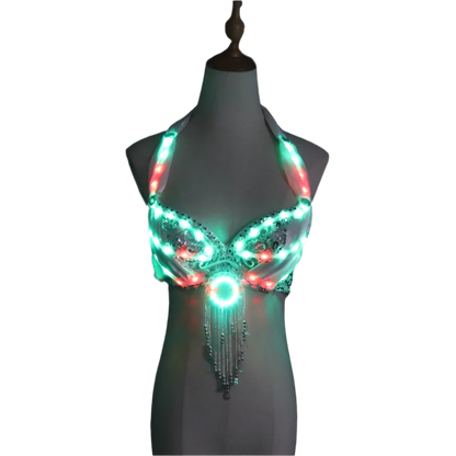 LED Light-Up Bra: A dazzling bra adorned with colorful LED lights and decorative fringe, creating a vibrant and eye-catching look.

